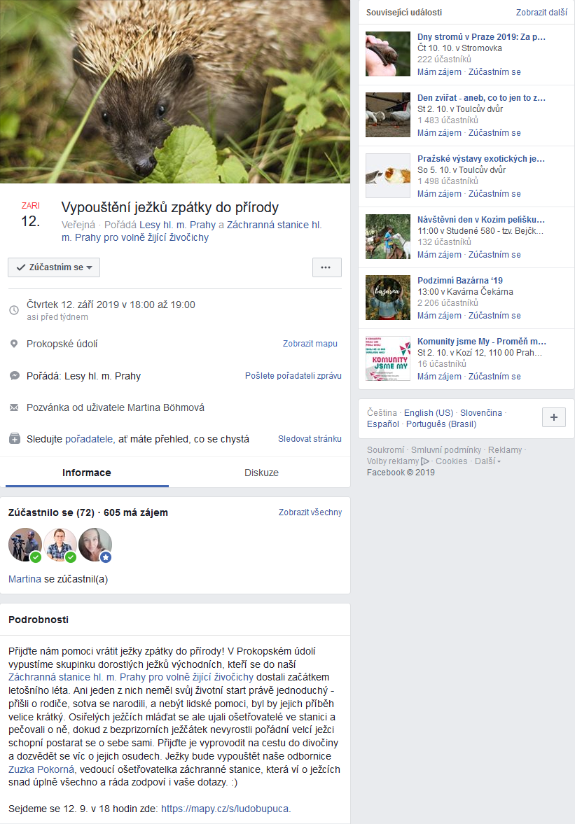 FB událost Vypouštění ježků do přírody