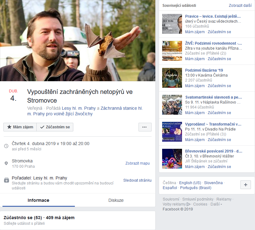 FB událost Vypouštění zachráněných netopýrů ve Stromovce